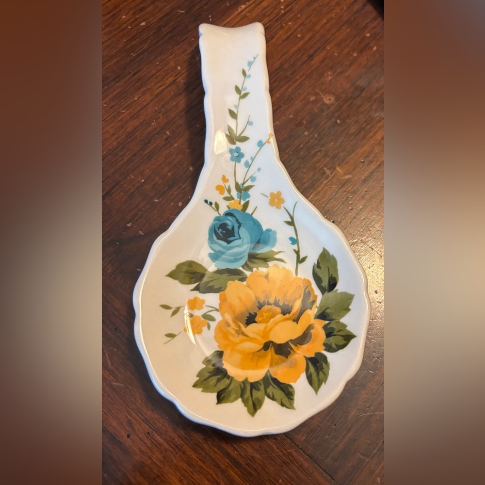 Pioneer Woman Rose Shadow Blue & Yellow Floral Stoneware Spoon Rest 8 1/8”L